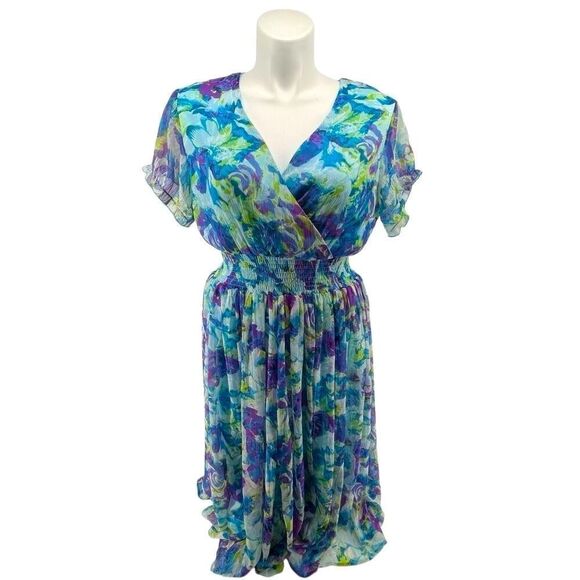 Ashro Lavita Blue Floral V-Neck Dress 1X 16/18 Smocked Waist Short Sleeve - Picture 3 of 16